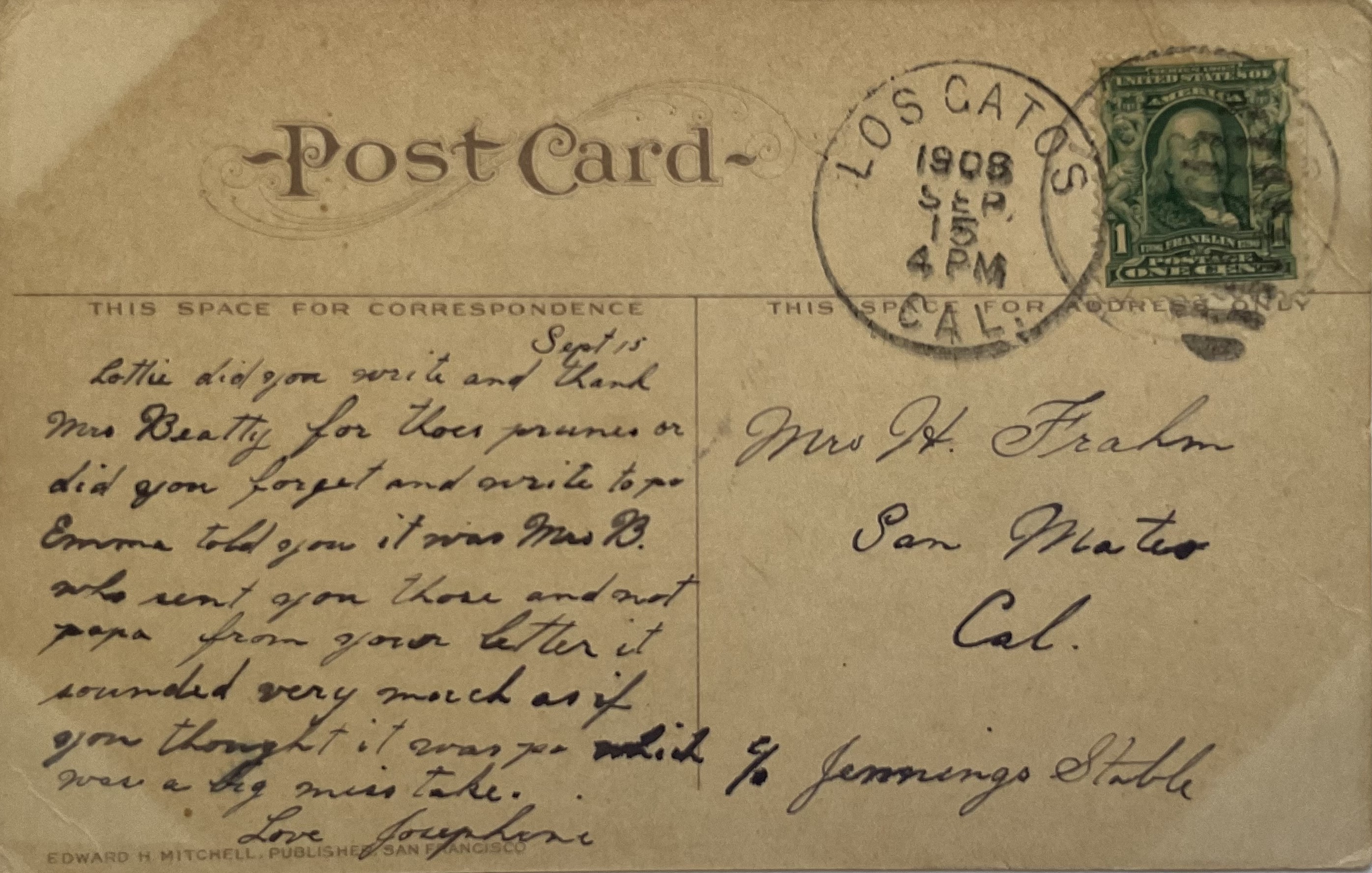 Back of postcad with image of First Street, San Jose