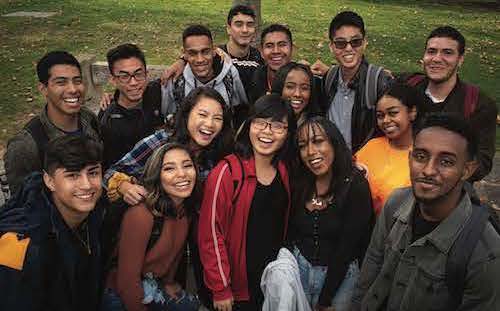 group of smiling students, viewed from above