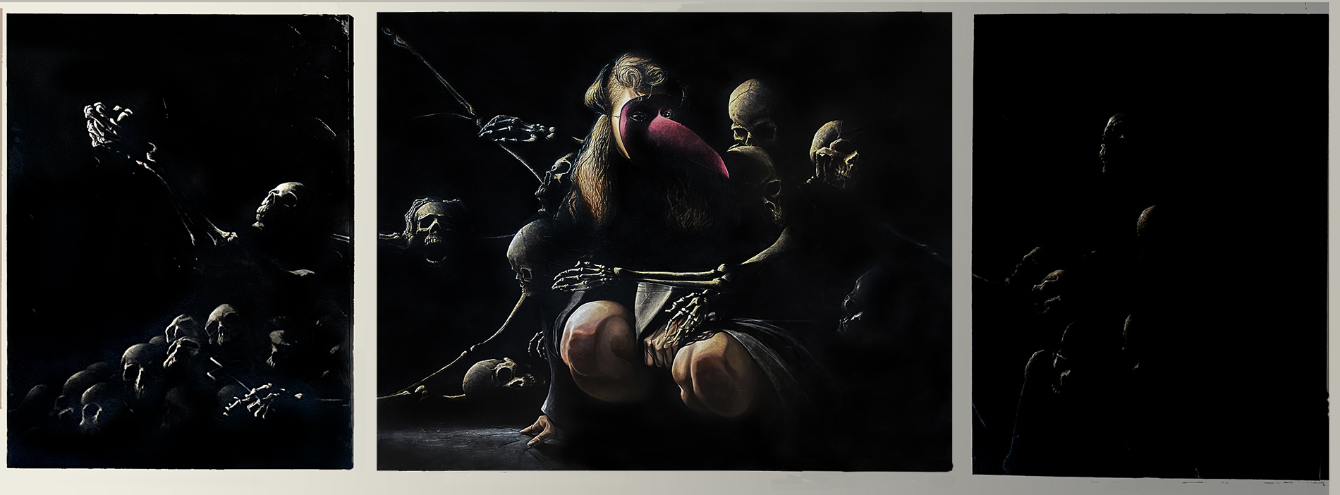 three dark panels with images of skulls