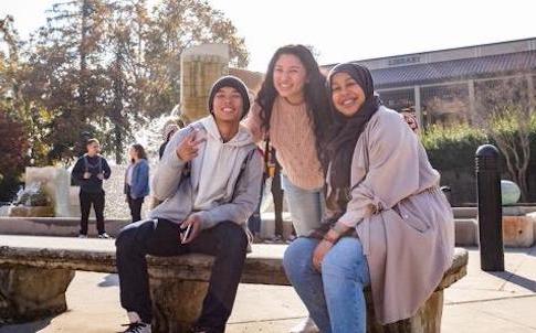 students by fountain