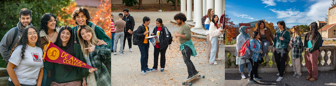 vignettes of students on campus: holding a college pennant, skateboarding, talking near Sunken Garden
