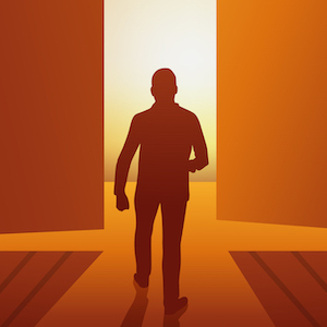 Rising Scholars image of man walking through open doorway into light